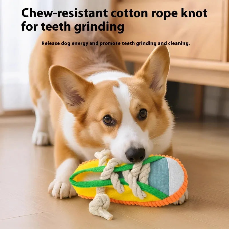 Plastic dog slippers chew toy with squeaker in yellow, black or blue colours