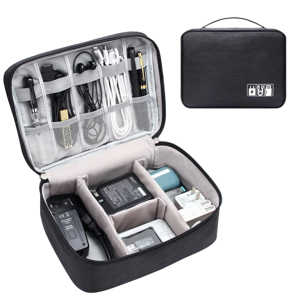 Black waterproof electronics organiser bag open to show mesh pockets, elastic loops and removable padded dividers inside.
