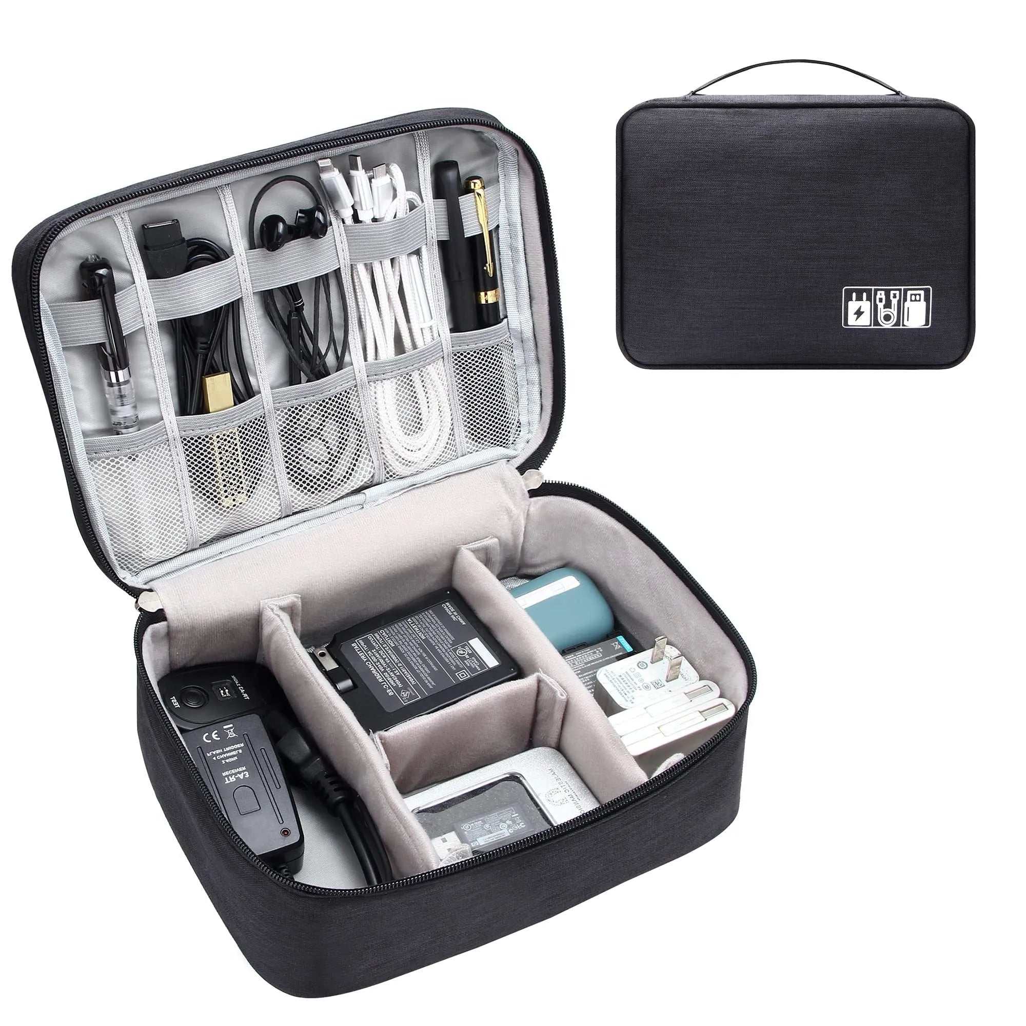 Black waterproof electronics organiser bag open to show mesh pockets, elastic loops and removable padded dividers inside.