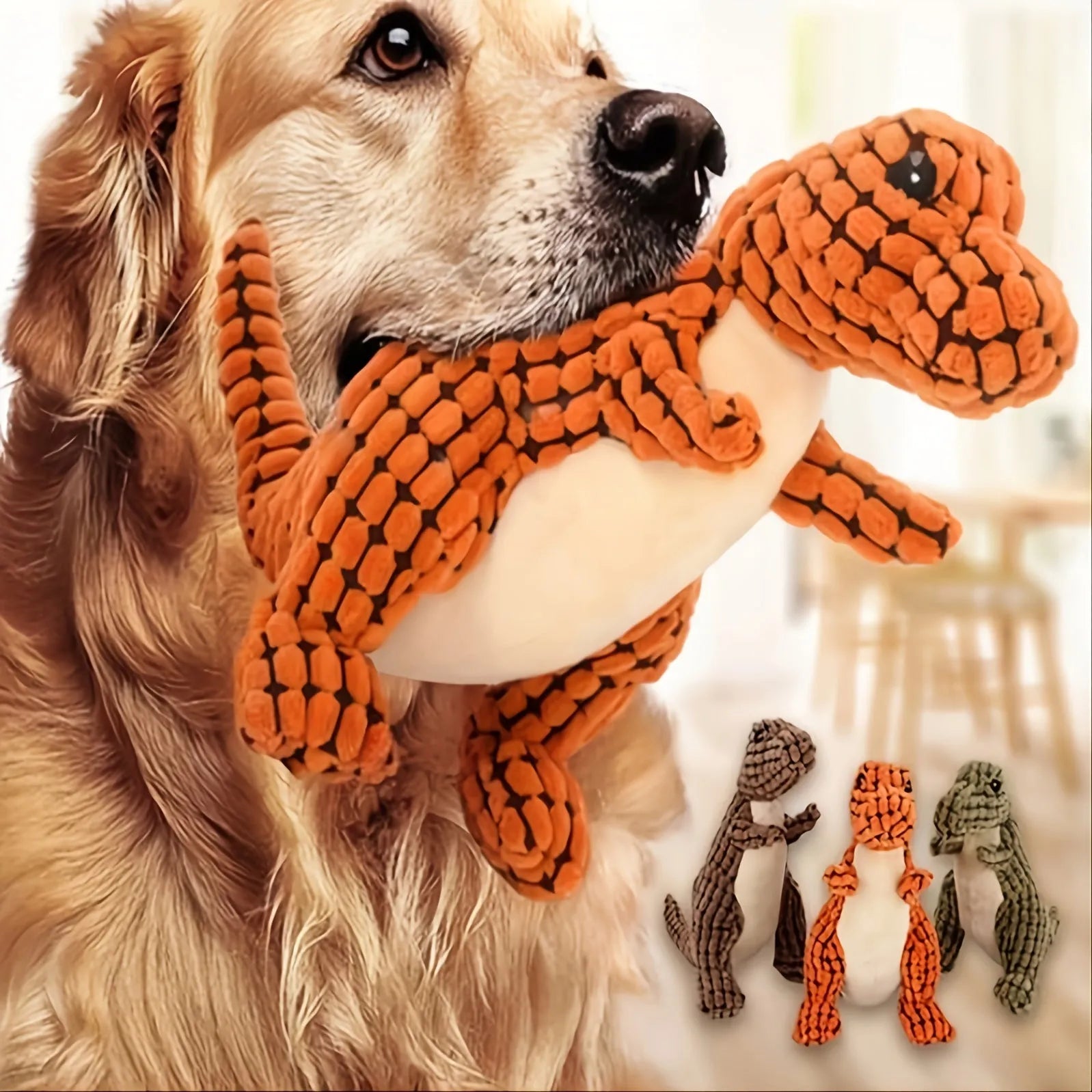 Set of four grey, green, and orange dog chew toys that produce sound, shown with size scale.