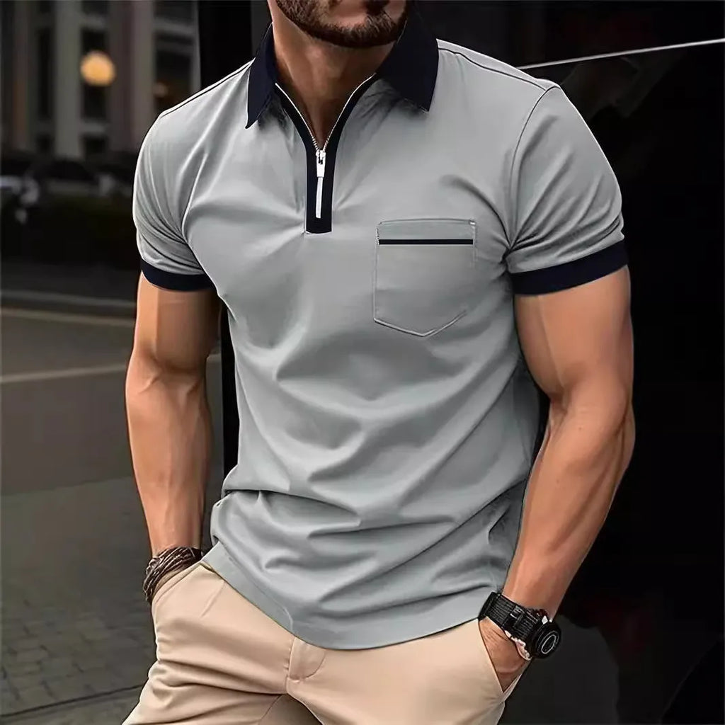 Men's casual short sleeve shirt with chest pocket and zipper decoration in multiple colour collar options