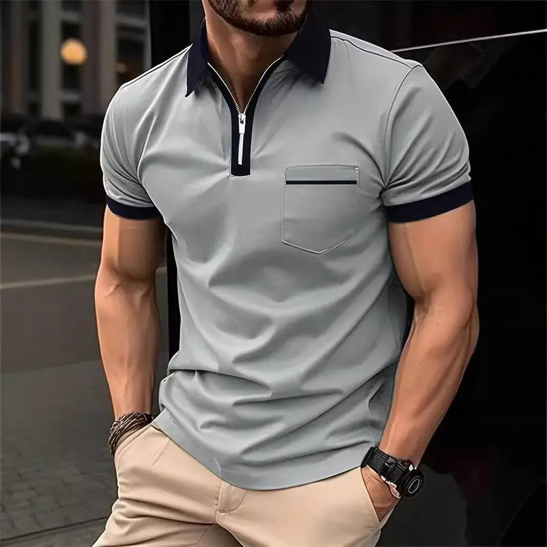 Men's casual short sleeve shirt with chest pocket and zipper decoration in multiple colour collar options