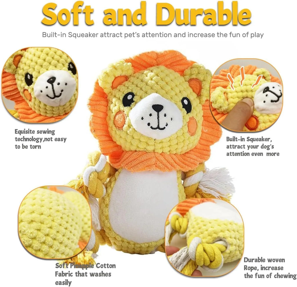 Lion and monkey plush squeaky dog toys bundle showing measured dimensions for medium to large breed dogs