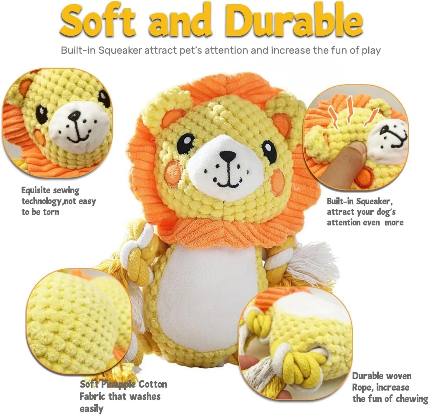 Lion and monkey plush squeaky dog toys bundle showing measured dimensions for medium to large breed dogs