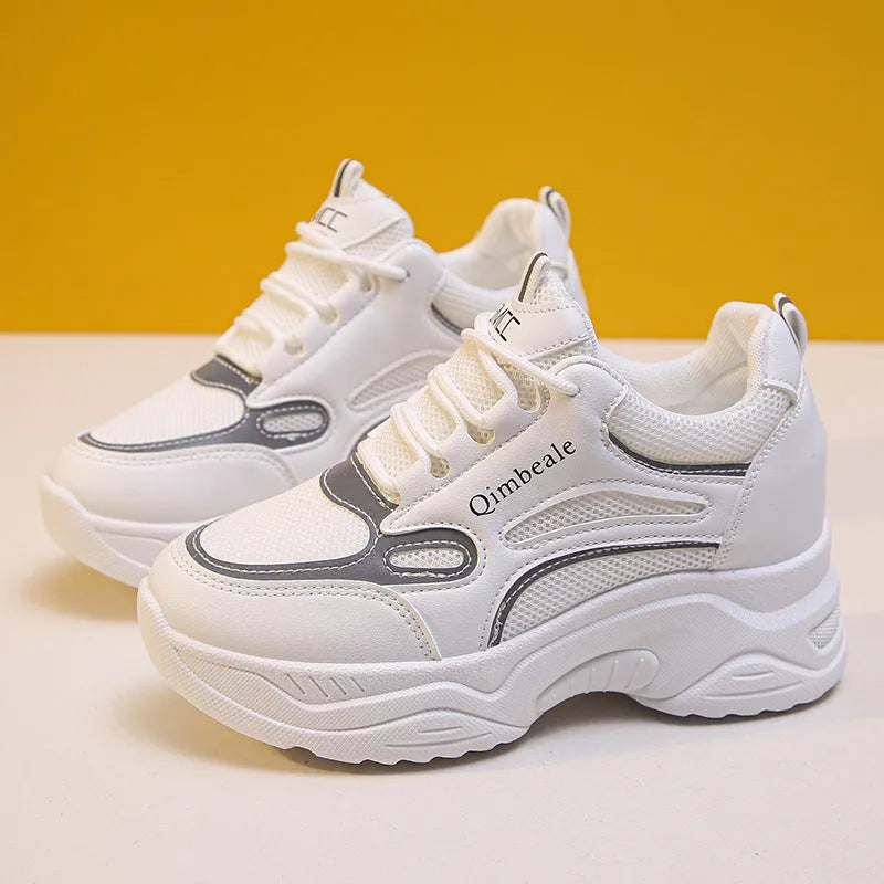 White height-increasing dad shoes mesh PU upper wedge heel 6-8cm platform casual sneakers