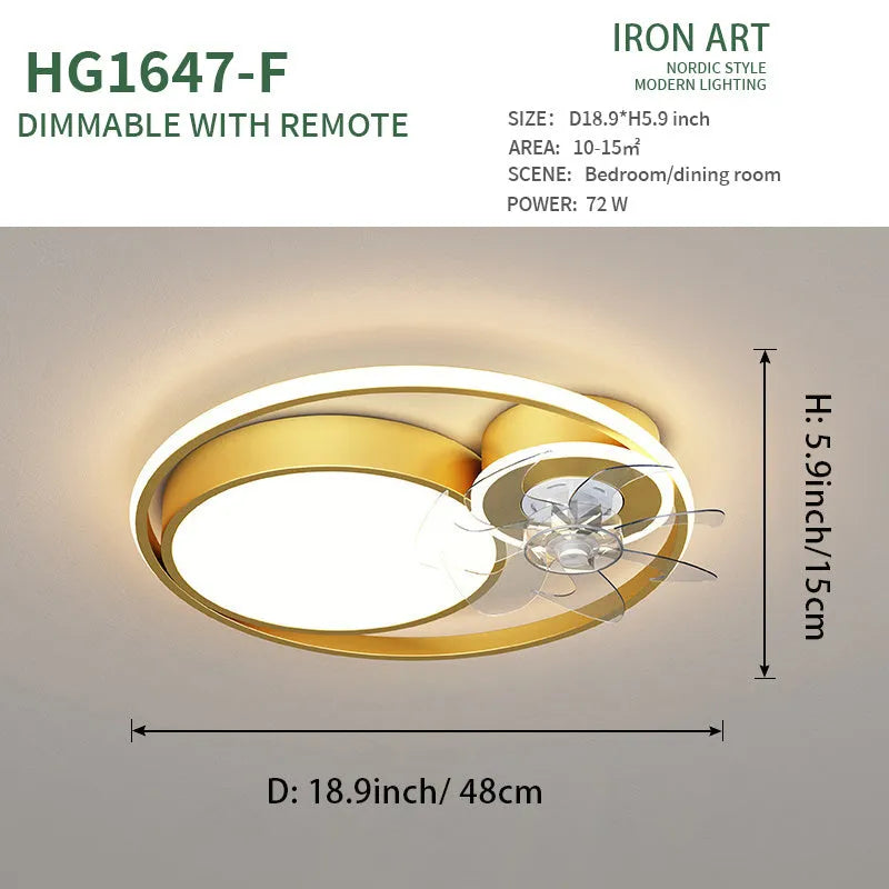 Nordic style ceiling fan with light, showing 48cm metal blades and an acrylic lampshade in a gold finish.