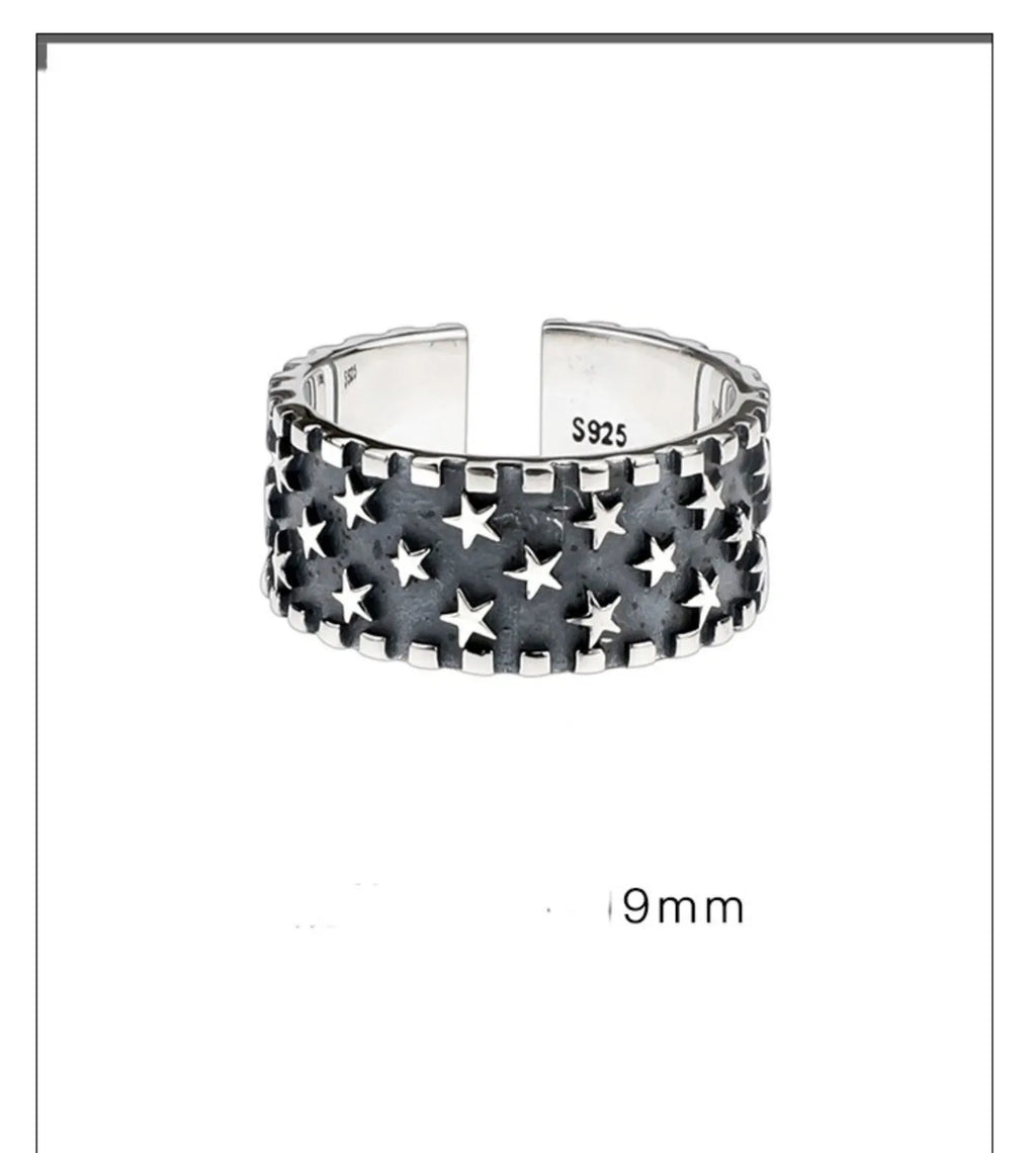 925 silver multi star ring with geometric pattern and adjustable opening