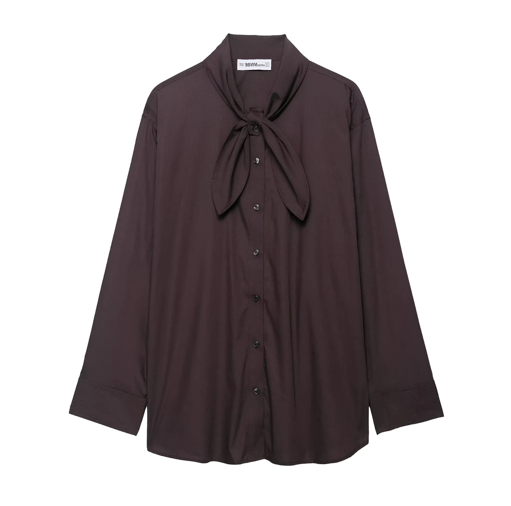 Brown women's poplin shirt with a loose fit, long sleeves, and a self-tie bow scarf collar.