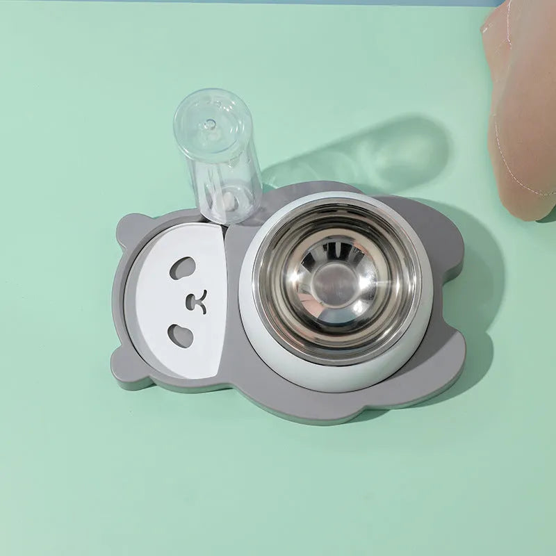 Grey panda-shaped elevated pet feeder with automatic water bottle and tilted food bowls