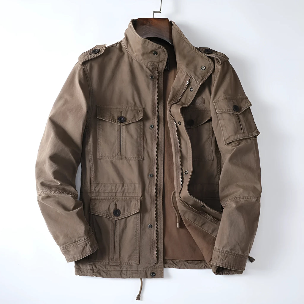 Men's loose-fit cotton twill jacket in retro style with zip front in light brown colour