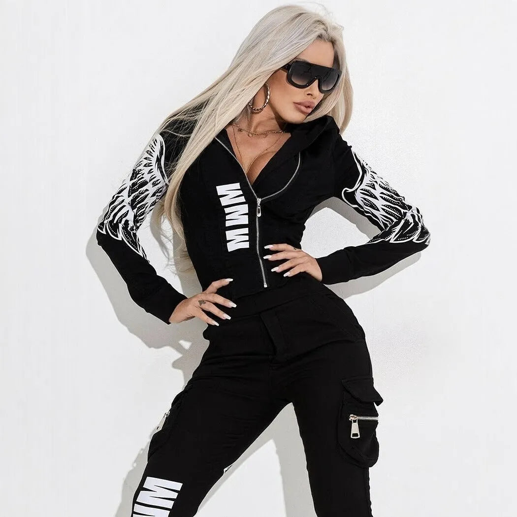 Black women's casual suit set with wings print on hooded zip-top and matching trousers