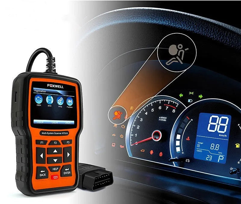 Foxwell NT510 orange and black automotive diagnostic tool with OBD2 cable and large colour screen