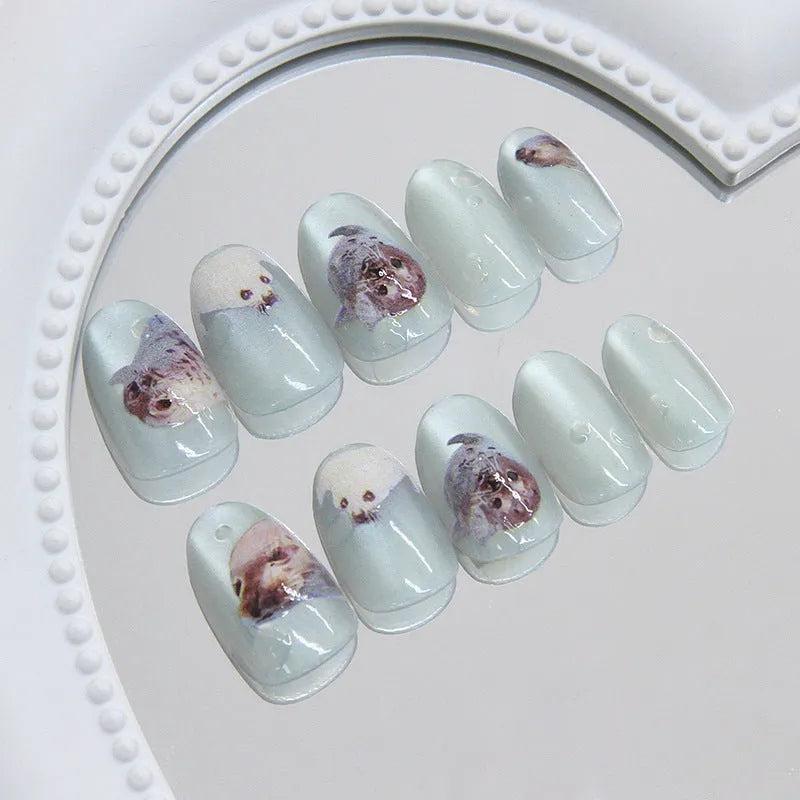 Cat eye summer ocean detachable false nails in short oval shape with glue