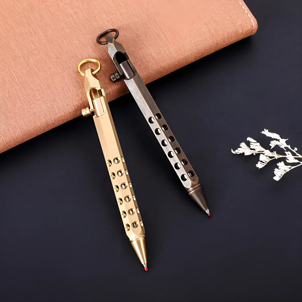 Brass hexagonal bolt action pen showing six-sided barrel and bolt mechanism in natural brass finish
