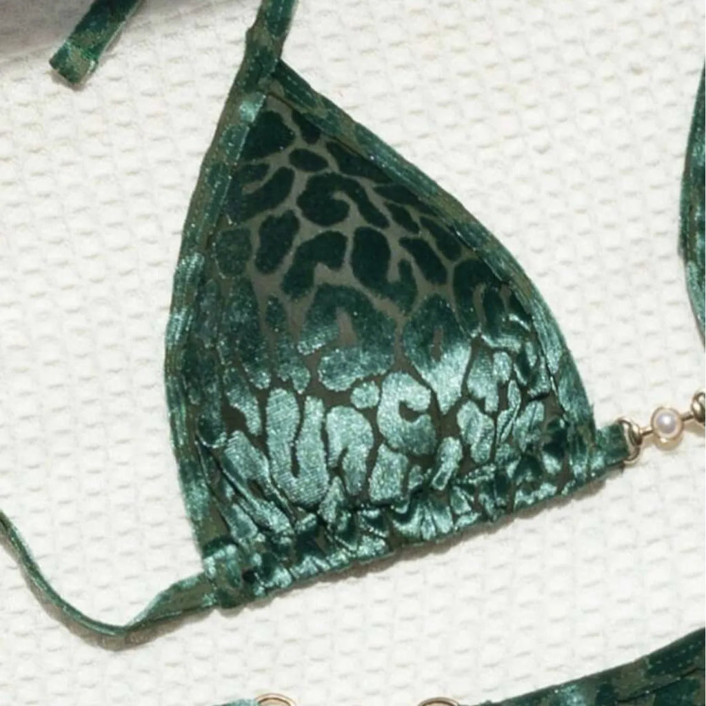 Women's polyester spandex swimwear bikini set with T-shaped pearl leopard pattern in multiple colour options