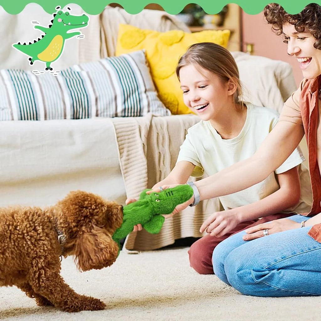 Green crocodile plush dog toy with no stuffing, for aggressive chewers with squeaker and crinkle sounds.