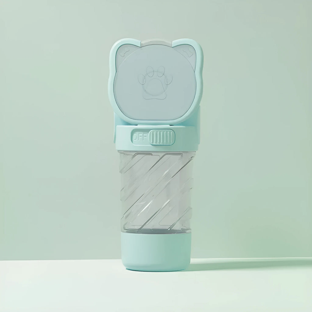 Green 3-in-1 portable pet water bottle with food container and waste bag dispenser