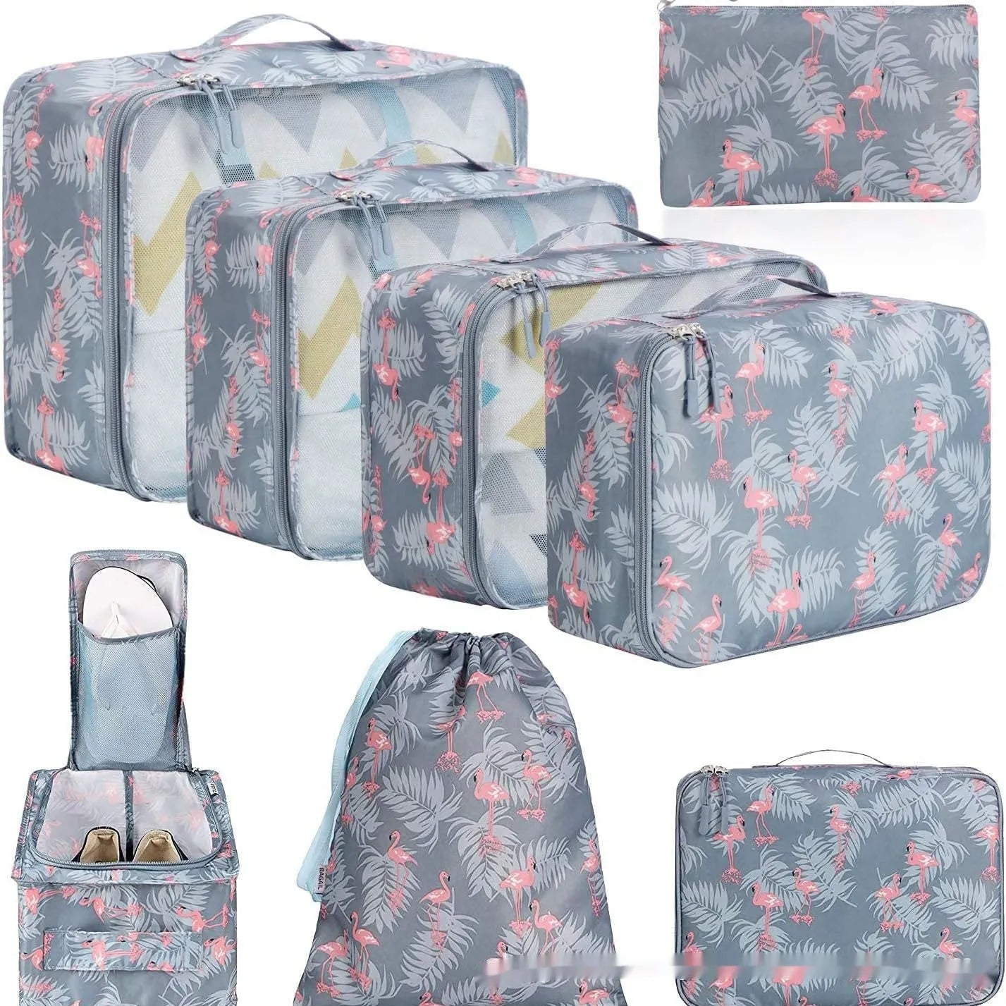 Eight cubic travel packing bags in various colours including beige, black, pink, leopard print, and striped patterns