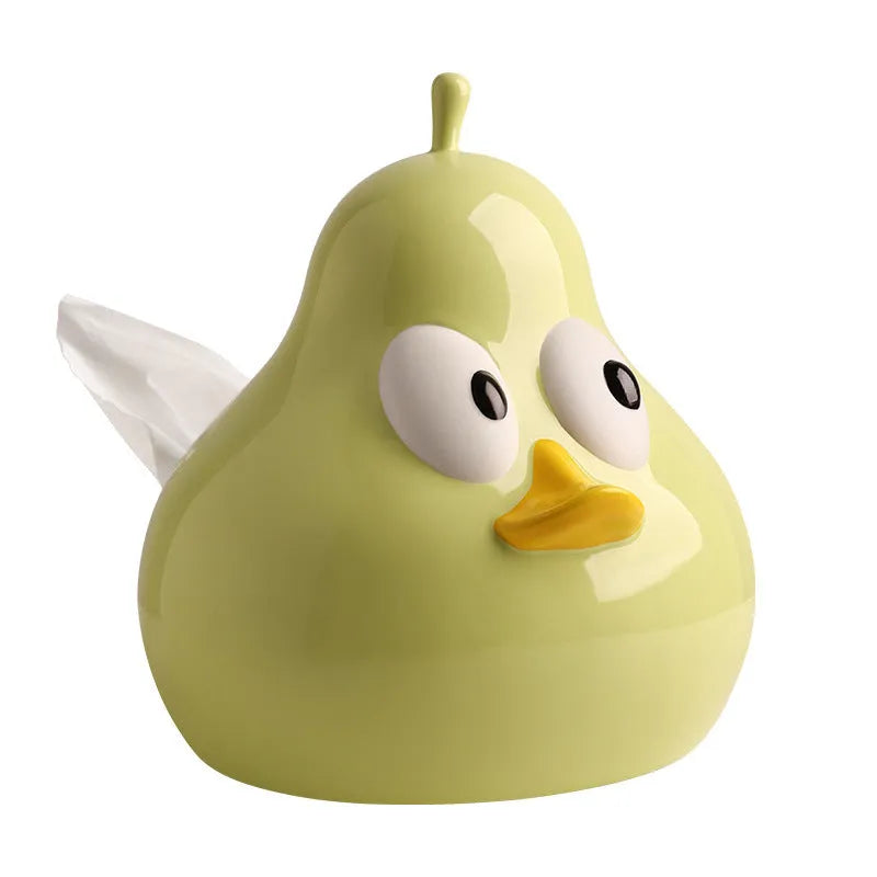 White ceramic pear-shaped tissue box holder with cute animal design in green colour option