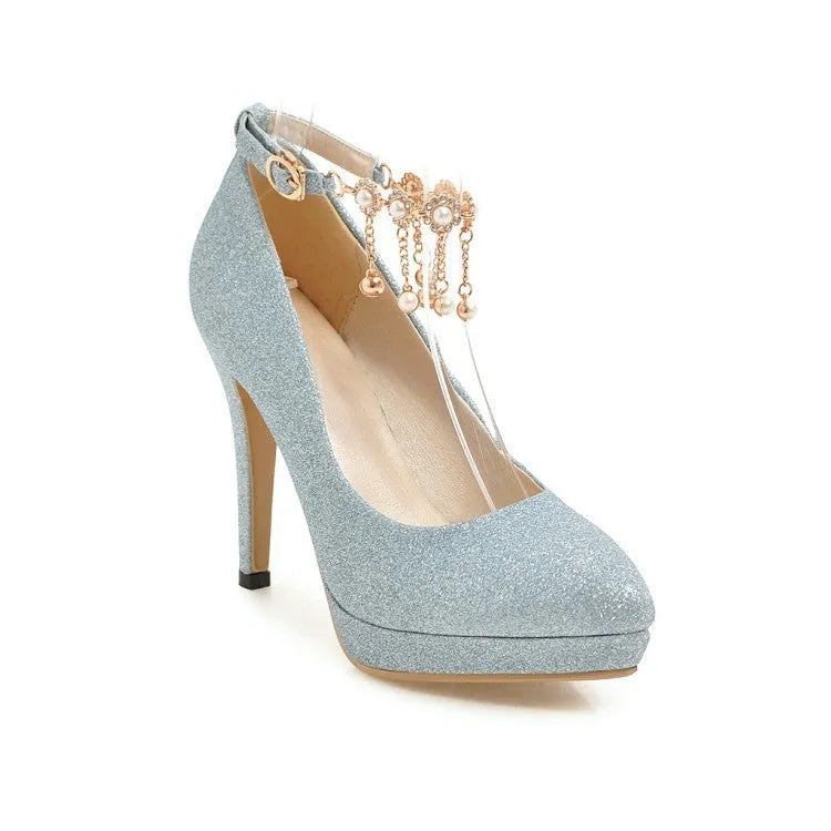Women's blue platform stiletto heel with pointed toe and special fabric upper