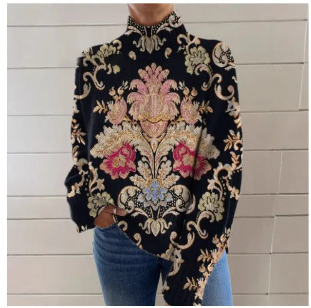 Black turtleneck sweater with 3D pattern print in loose Japanese Korean casual style
