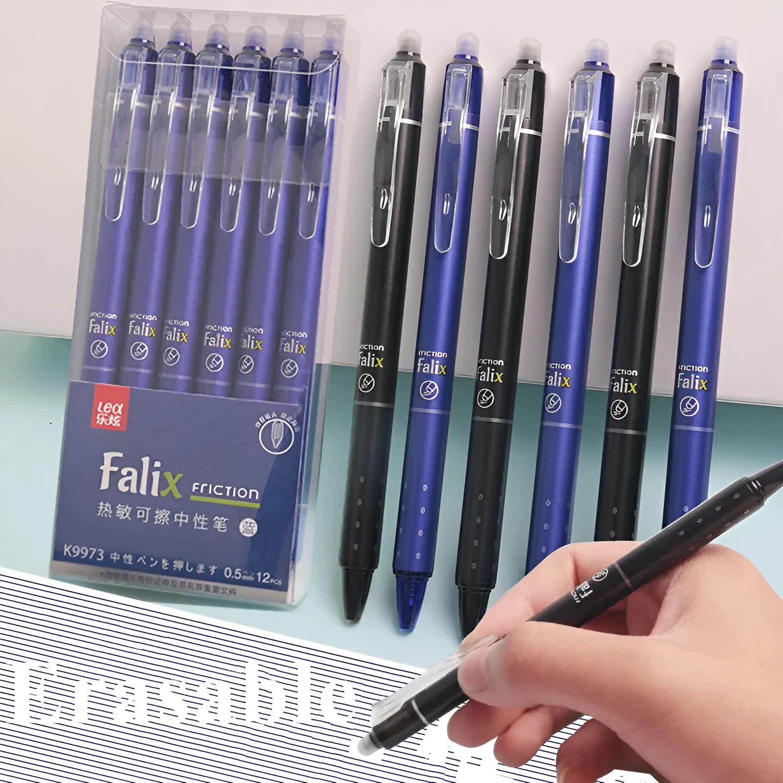 Hot brand blue and black erasable push gel pen with 0.5mm stainless steel tip.