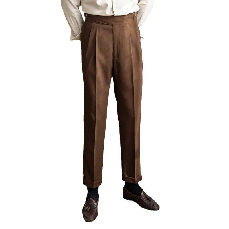 Man wearing black high-waist straight-leg casual polyester trousers.