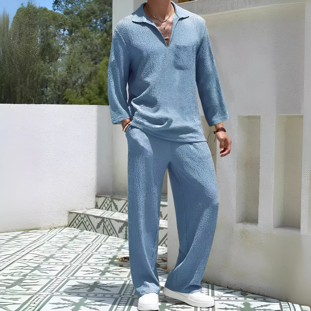 Men's casual shirt trousers set in lake blue colour with shirt jacket and matching trousers