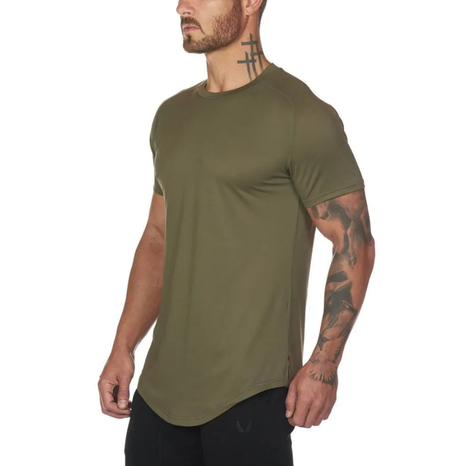 Men's plain custom gym shirt in cotton and spandex fabric, shown in Army Green colour.