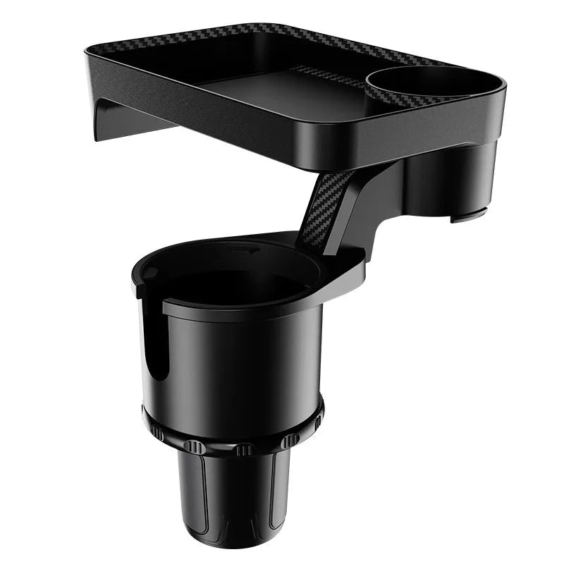 Black car-mounted rotating dinner tray holder showing 360-degree rotation mechanism