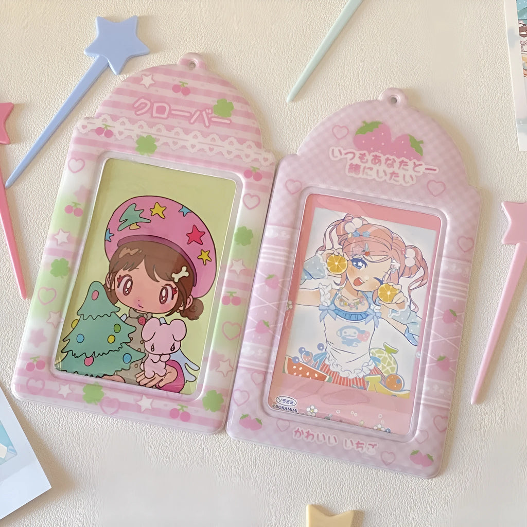 Cartoon strawberry design PVC card holder pendant with clear display pocket for lanyards.