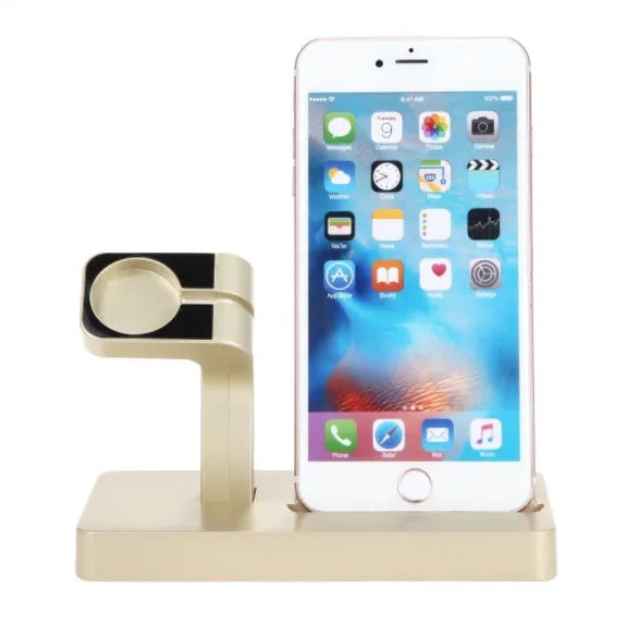 White 2-in-1 desktop charging dock station holding an iPhone and an Apple Watch for simultaneous charging.