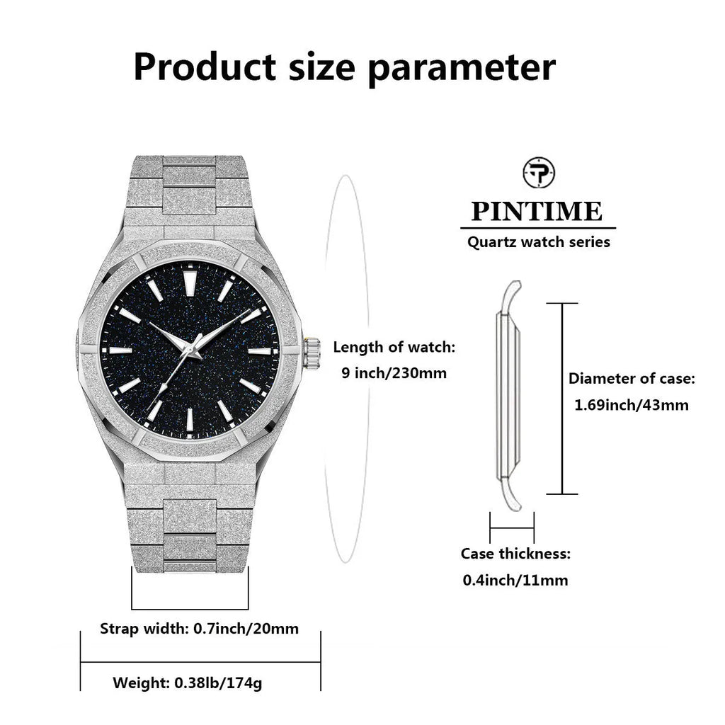 Men's stainless steel business watch with luminous markers in silver, gold, or black