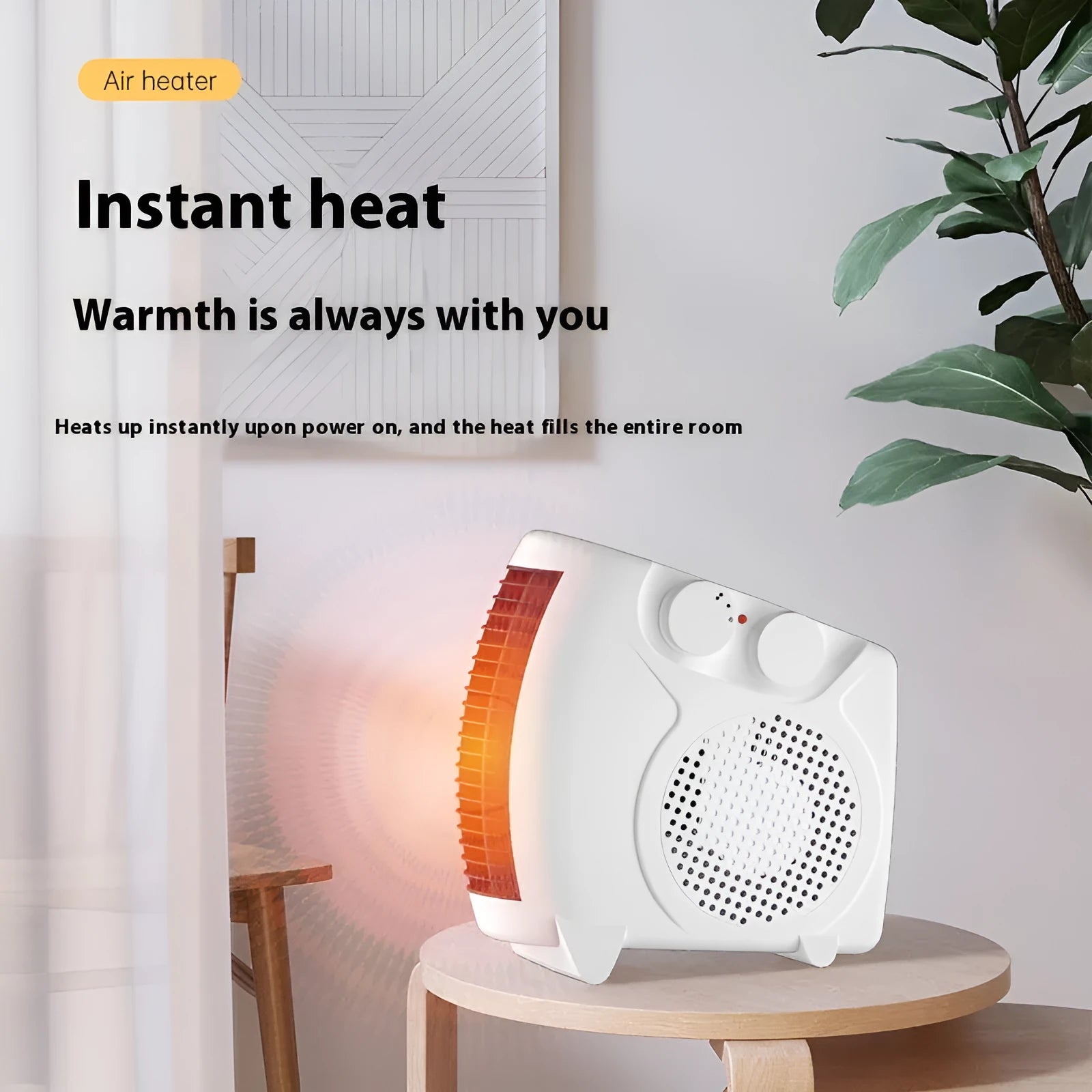 White compact ceramic electric heater on desktop with adjustable power settings and quiet operation