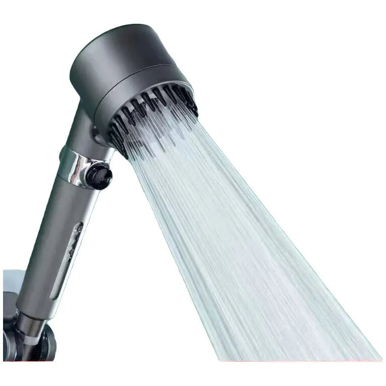 Strong Boost portable ABS plastic shower head with dial for spray, massage, and rain modes.