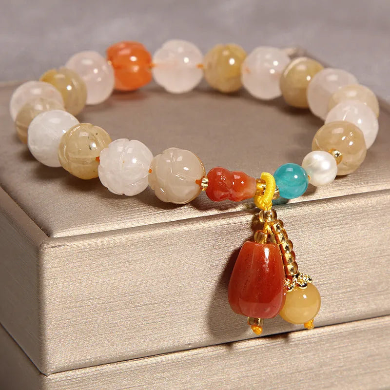 Yellow agate crystal women's bracelet with gold silk detailing, Japanese and South Korean style