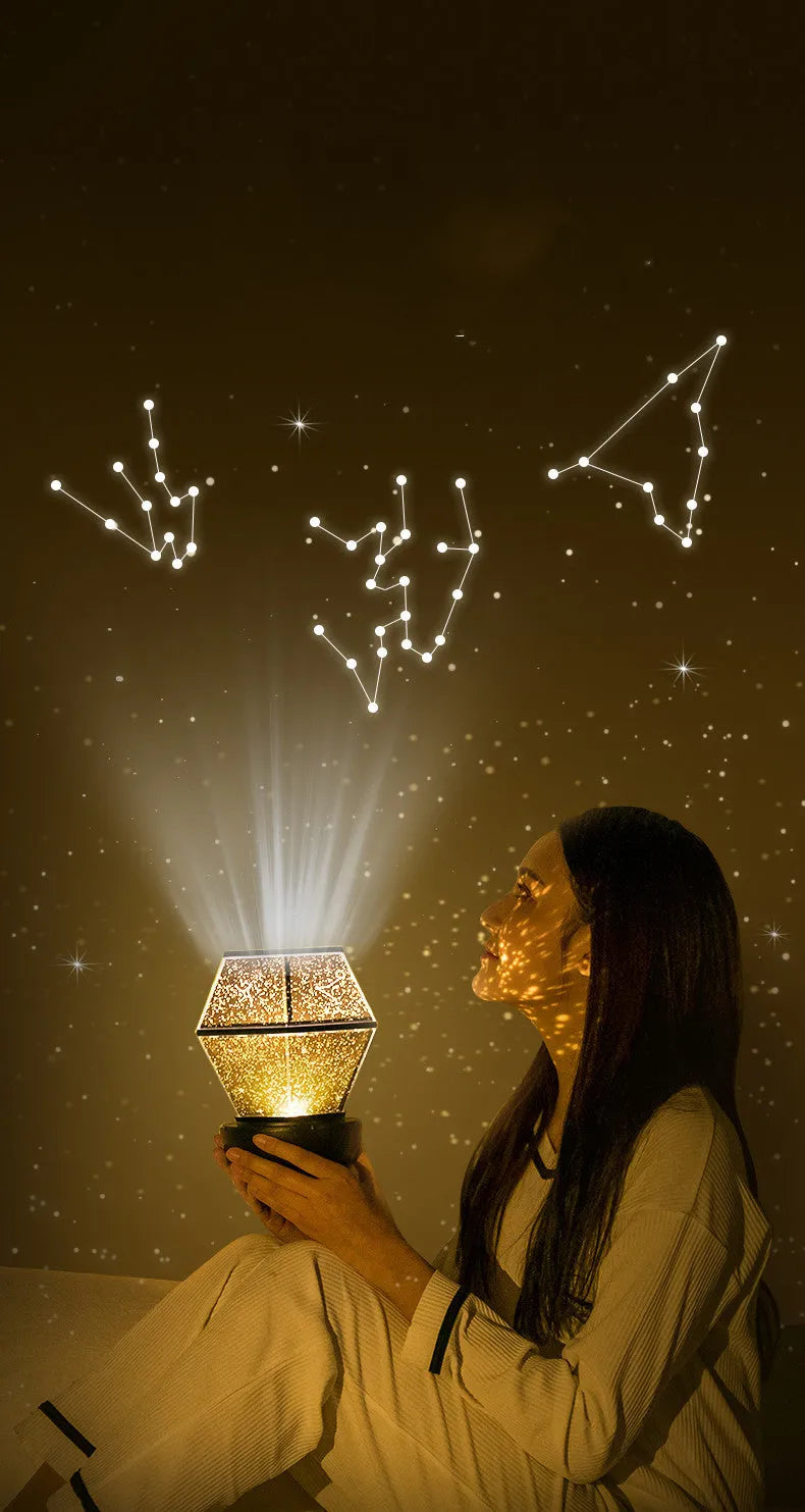 Children's rotating stars LED night light projecting three-colour starlight patterns on a bedroom ceiling