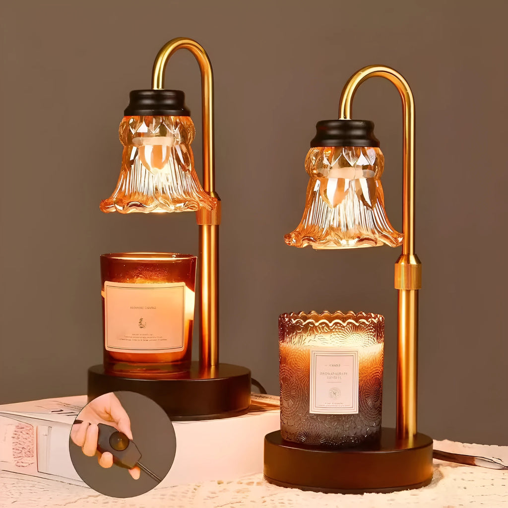 Lifting aromatherapy wax melting lamp with ceramic dish on bamboo stand