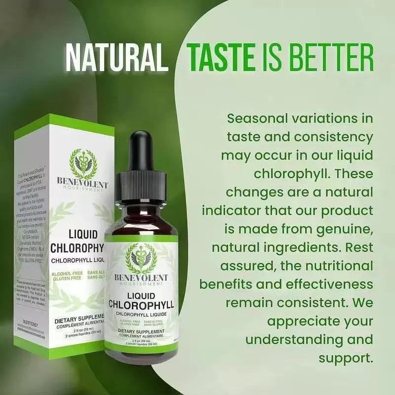 60ml glass bottle of chlorophyll liquid drops with a dropper for dietary supplementation.