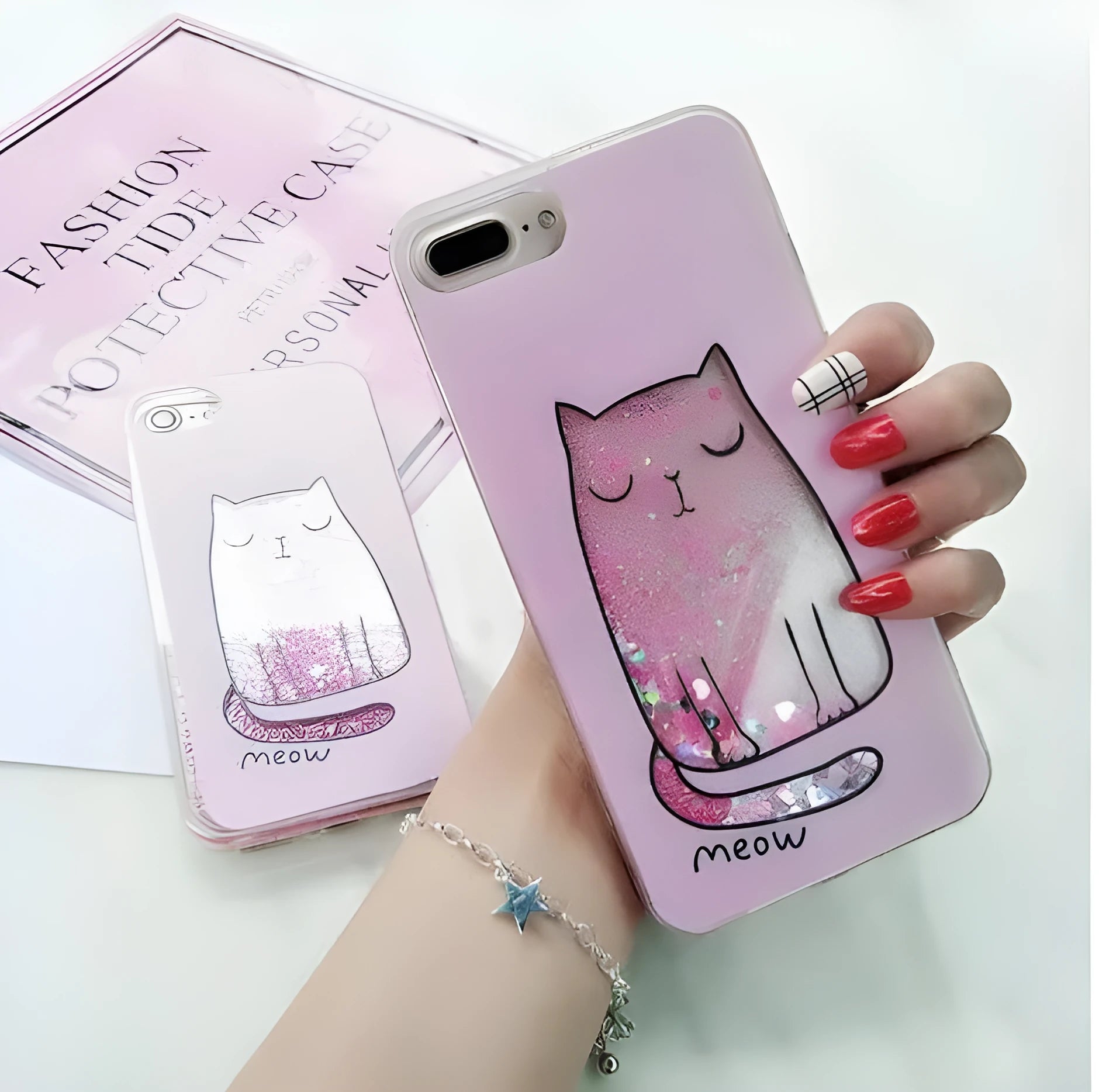 Colourful glitter cat phone case for iPhone models 6, 7, 8, and X, showing one of four decorative designs.