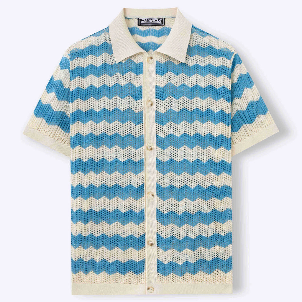Yellow hollow jacquard corrugated short sleeve sweater with flocking detail on hanger