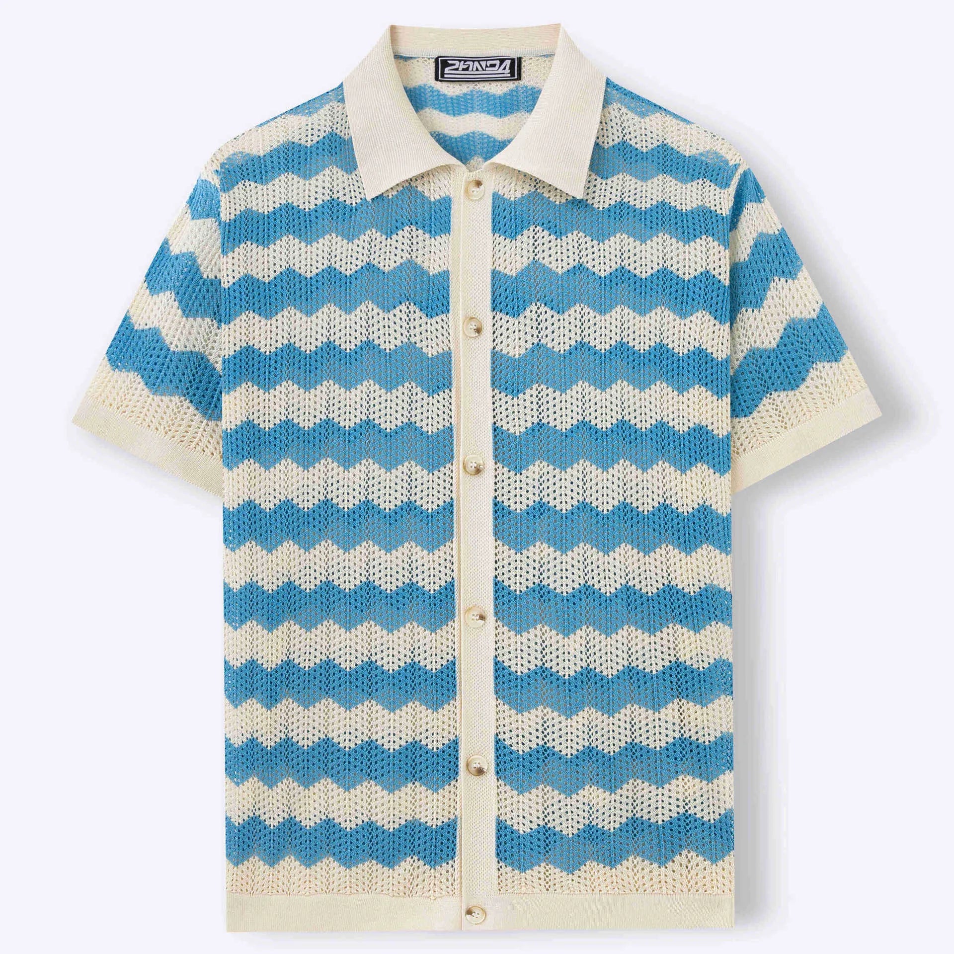 Yellow hollow jacquard corrugated short sleeve sweater with flocking detail on hanger