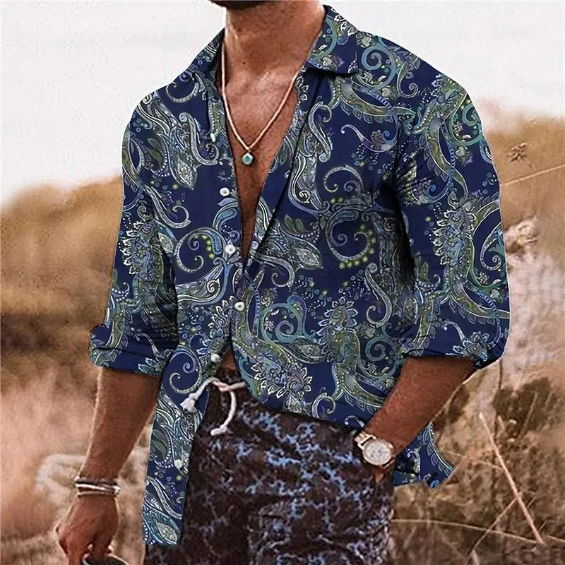 Men's loose fit long sleeve shirt with detailed 3D flower pattern digital printing on polyester fabric