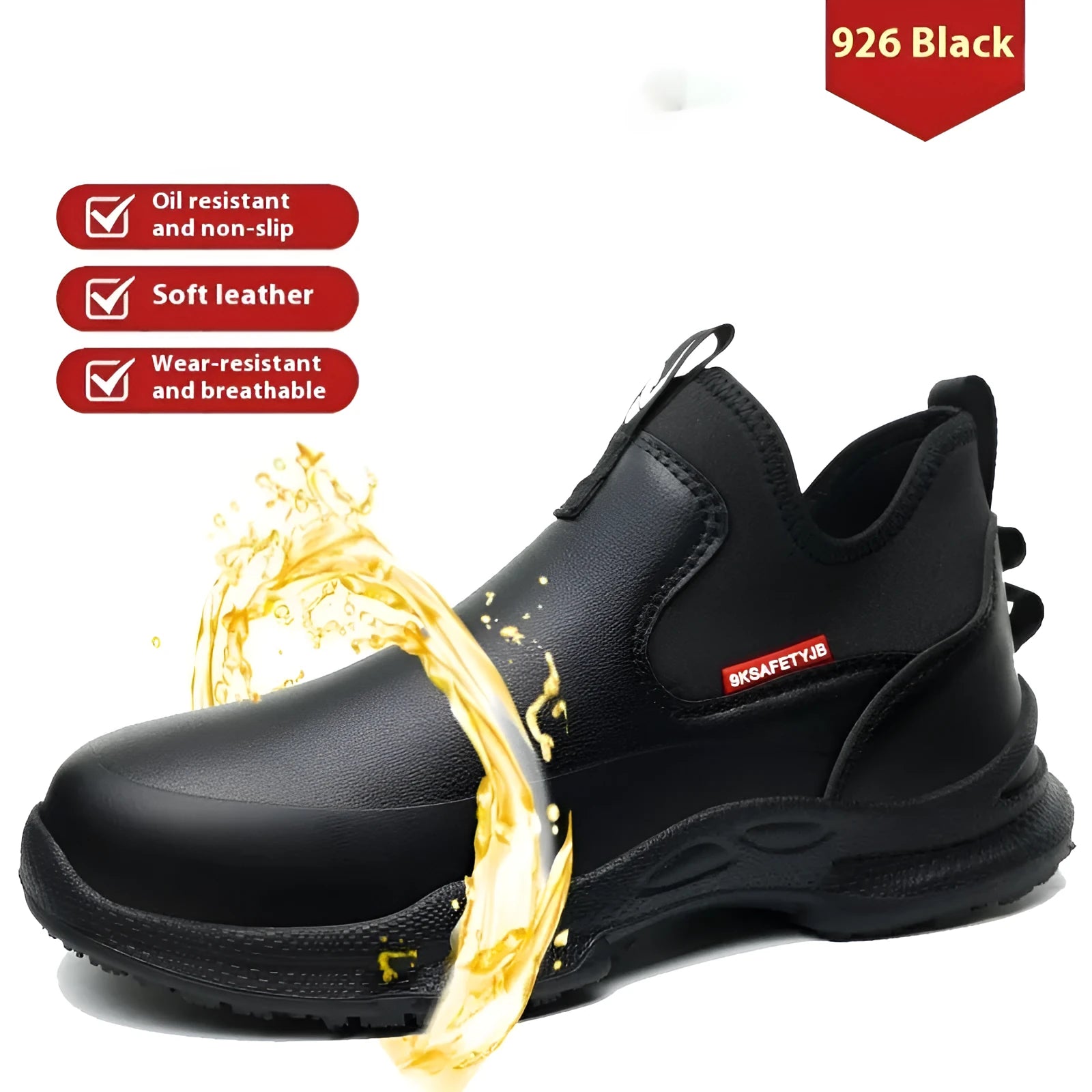 Black high-cut waterproof chef safety shoes with non-slip rubber soles