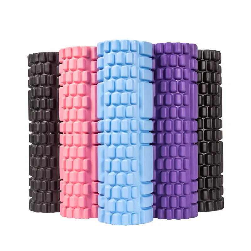 A cylindrical EVA foam roller for fitness recovery, shown in a choice of colours including pink, blue, and grey.
