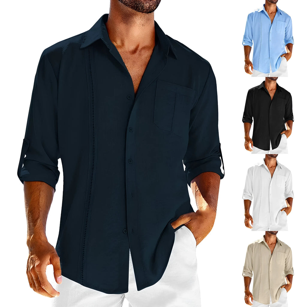 Men's gray long sleeve casual shirt with a lace-trimmed polo collar and a chest pocket.
