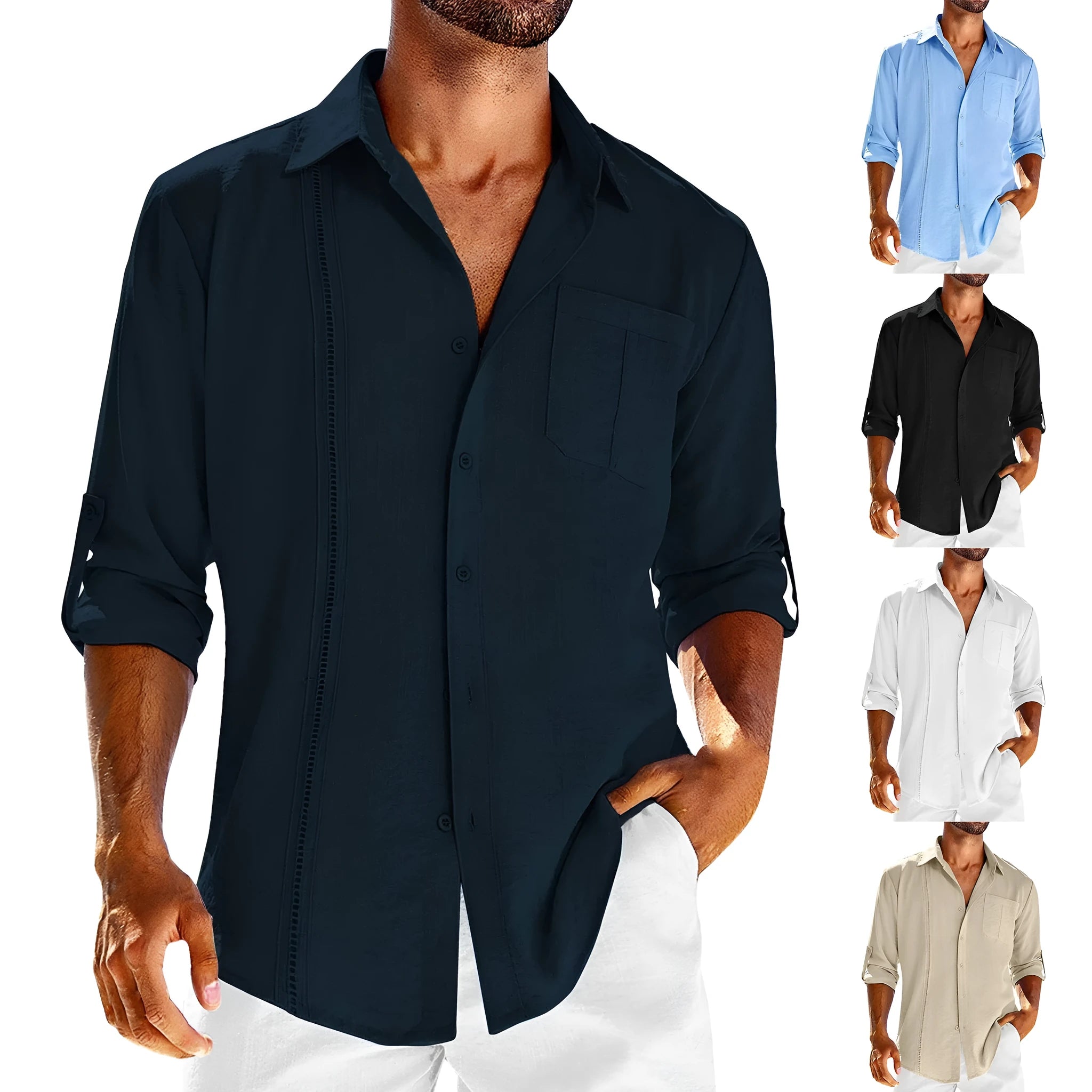 Men's gray long sleeve casual shirt with a lace-trimmed polo collar and a chest pocket.