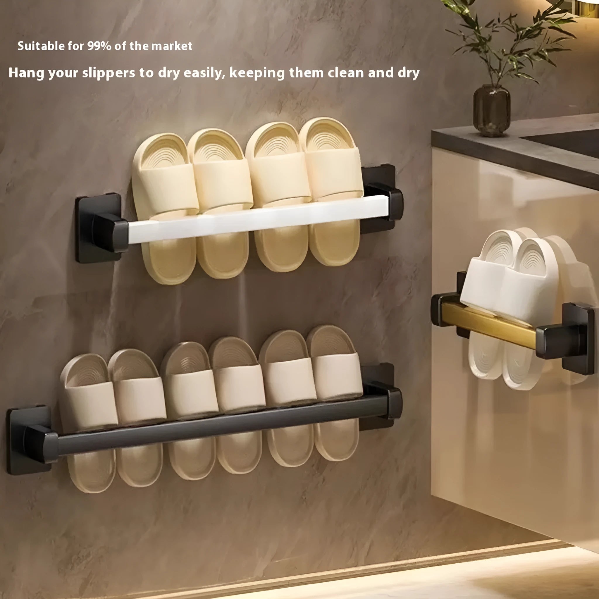 Nordic style wall-mounted bathroom slipper rack with integrated seat in black colour