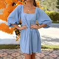 Orange red children's backless dress with square collar, puff sleeves, and A-line skirt