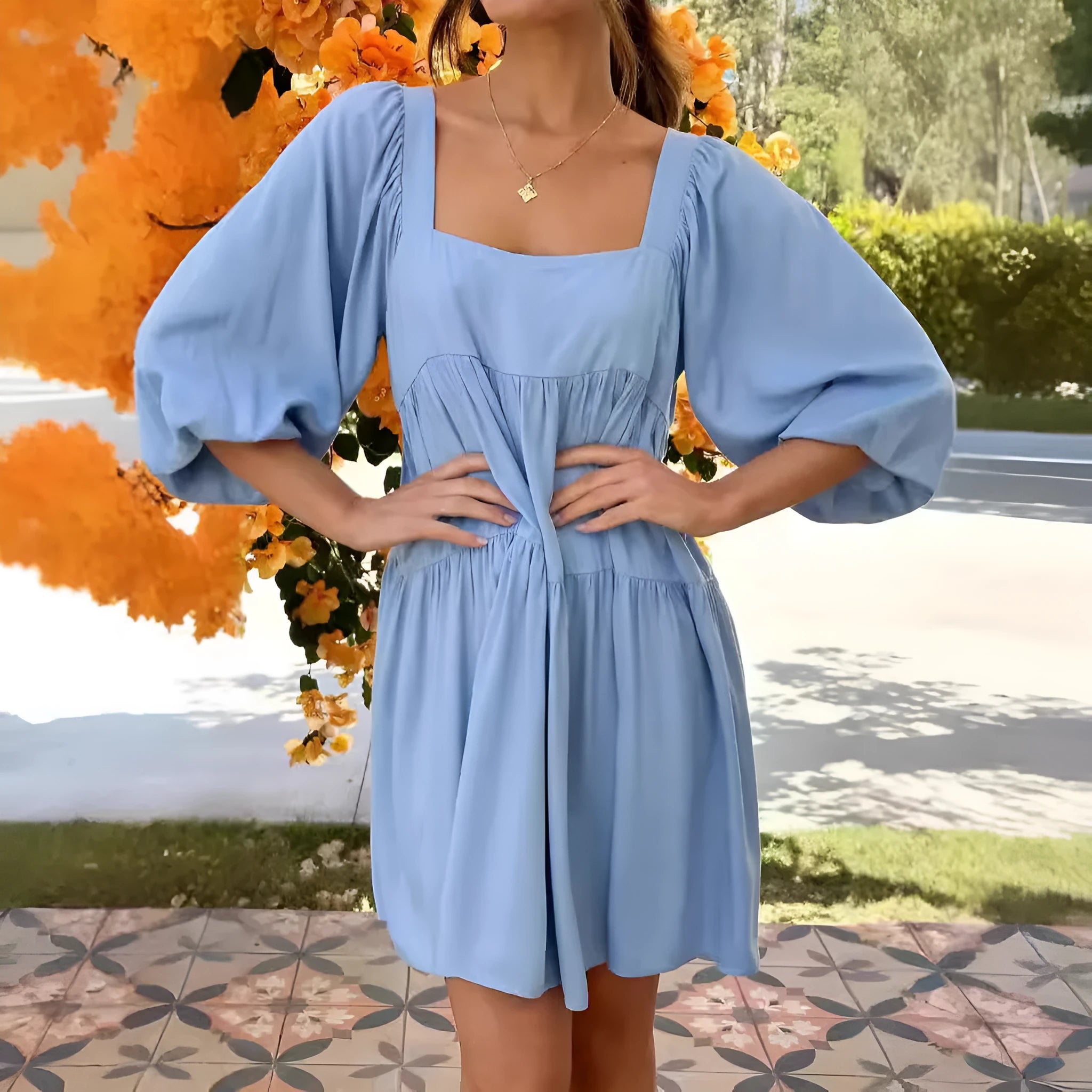 Orange red children's backless dress with square collar, puff sleeves, and A-line skirt